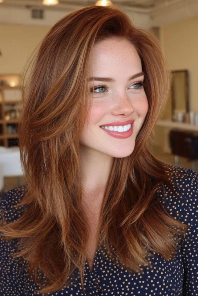 Sunlit chestnut brown layered hair