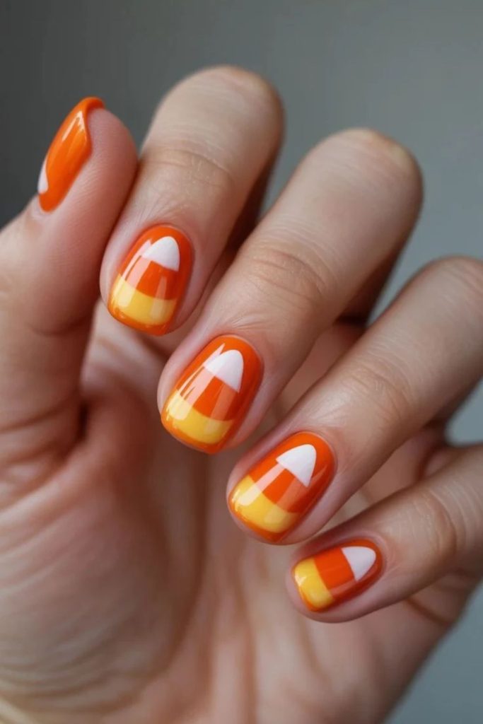 Minimalist nails featuring tiny candy corn designs.