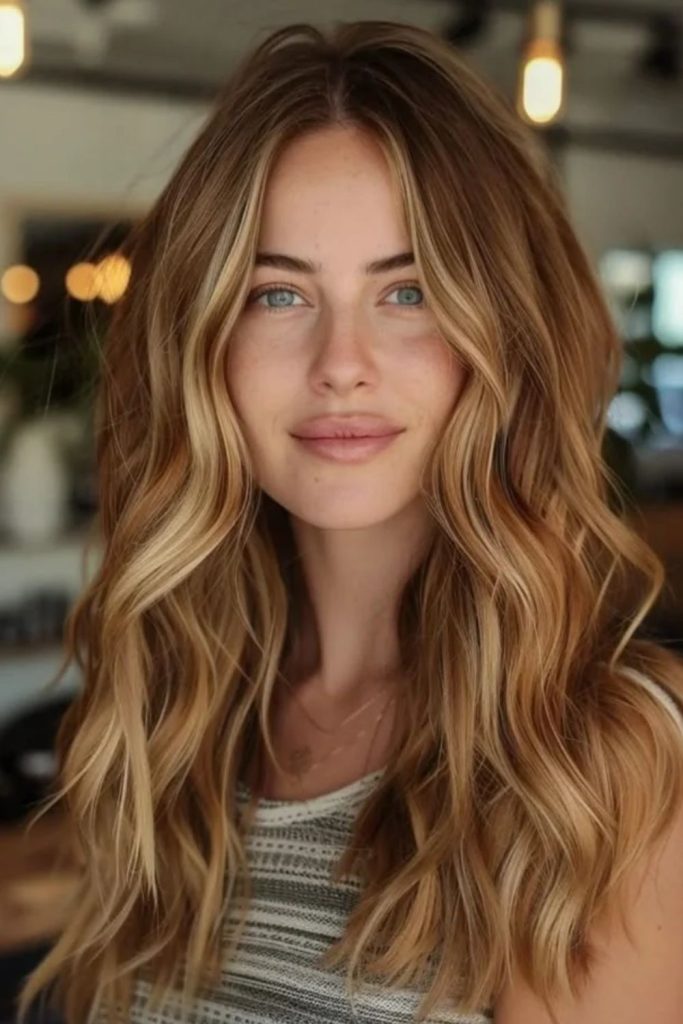 Toffee honey highlights on brunette hair.