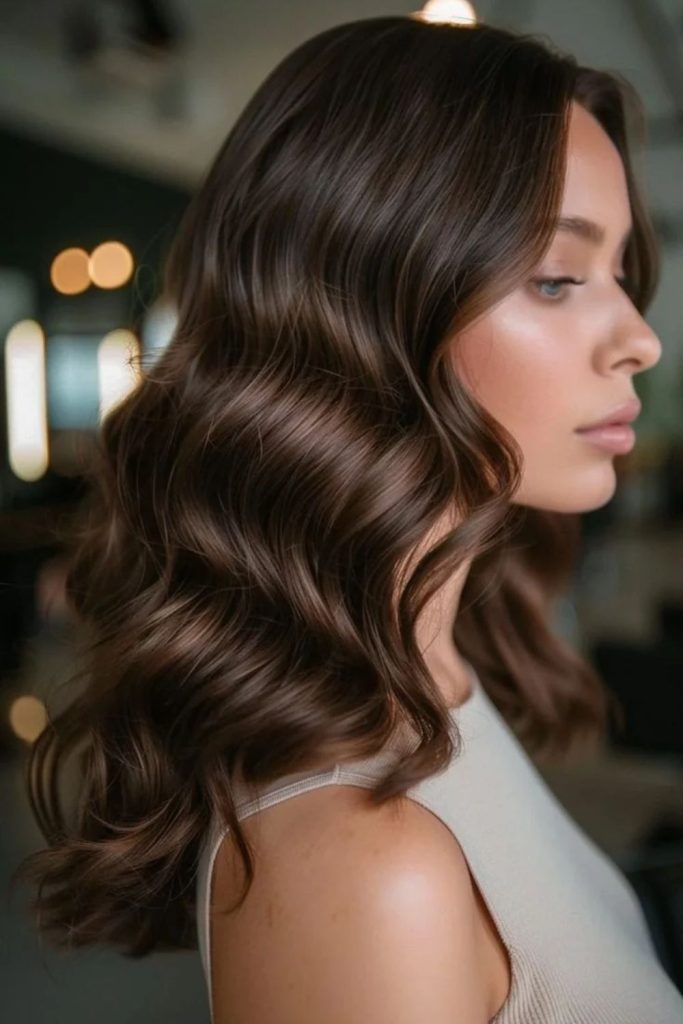Ultra-glossy milk chocolate brunette hairstyle.