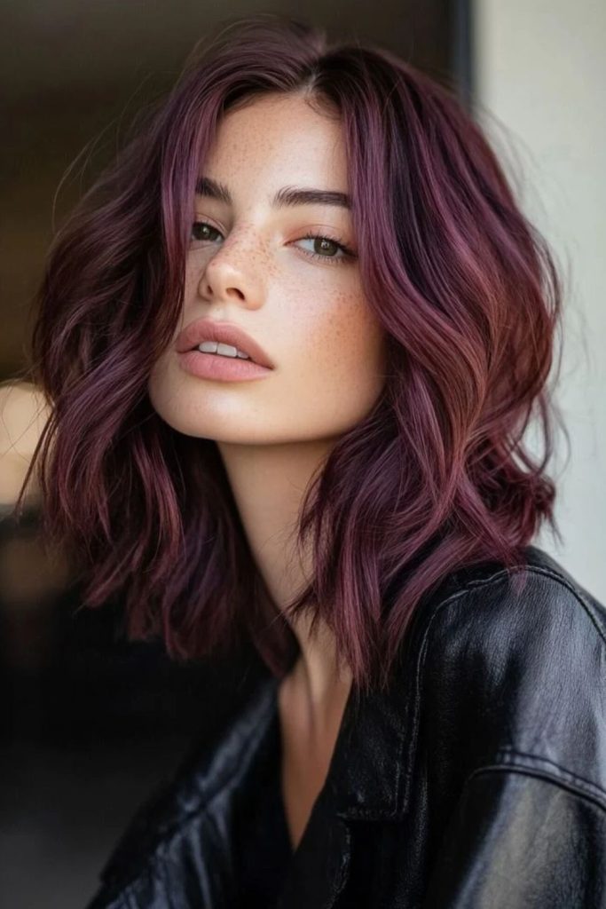 Velvet plum burgundy waves with shine.