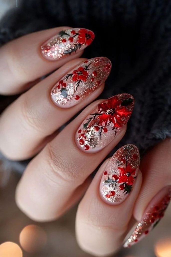 Vintage poinsettia flowers on creamy ivory
