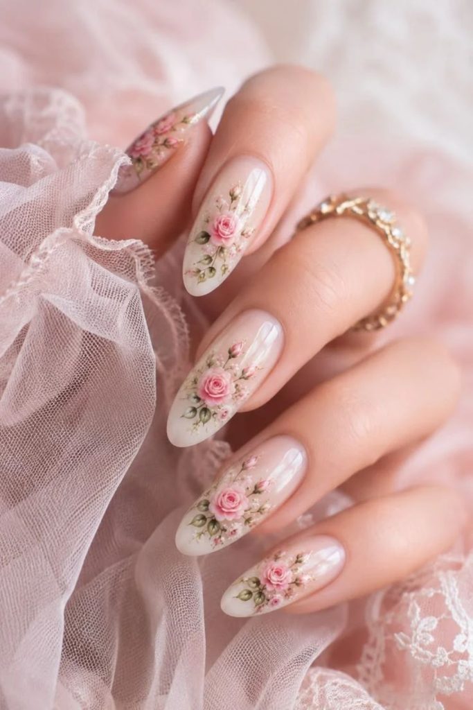 Vintage rose coquette nails with floral accents.