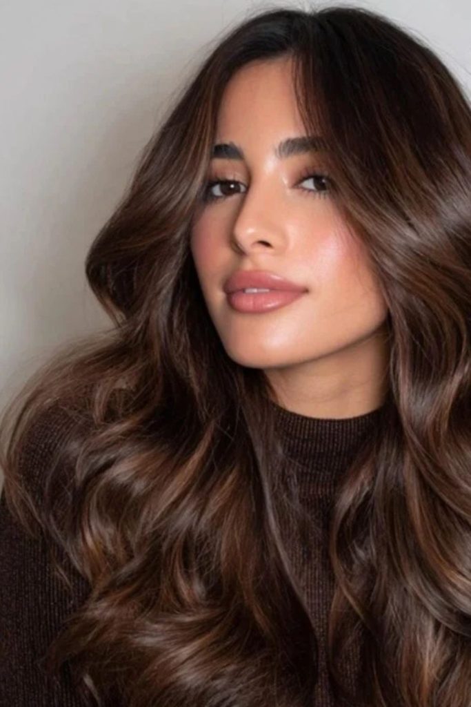 Warm espresso satin brunette hairstyle.