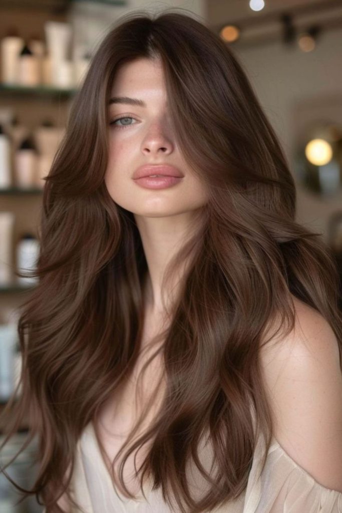 Warm mocha brown hair with golden undertones.