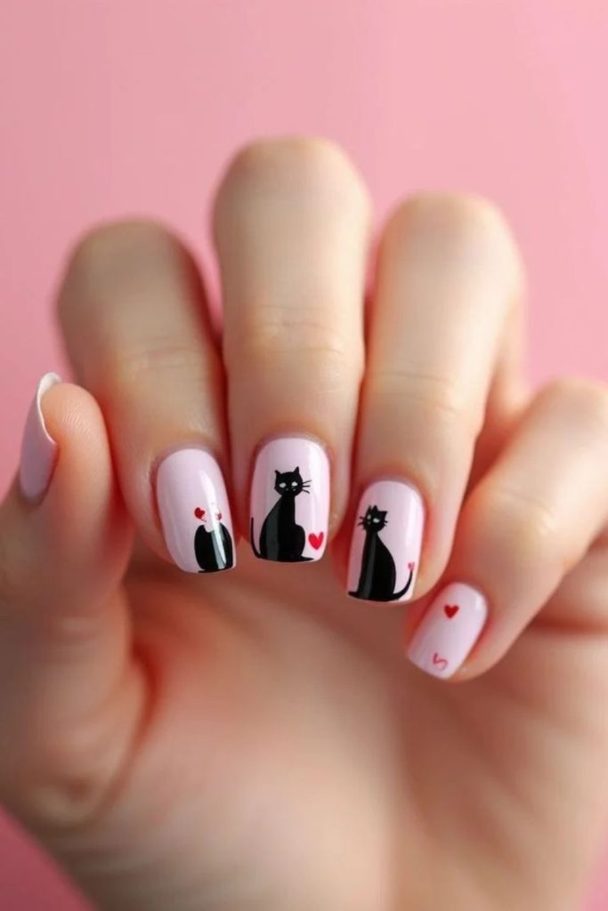 Whiskered black cat heart nails