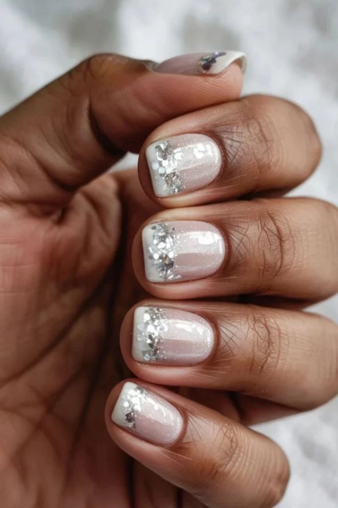 White and silver disco nails with elegant sparkle.